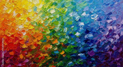Vibrant abstract oil painting with thick impasto strokes creating a dynamic rainbow color gradient.
