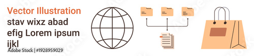 File organization, global connectivity, online shopping, digital management, data sharing, and networking. A globe, file folders networked document and shopping bag. File organization and global