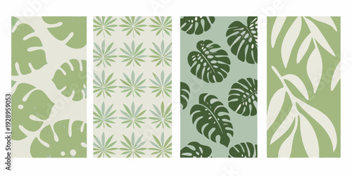 A collection of botanical patterns featuring tropical monstera and palm leaves