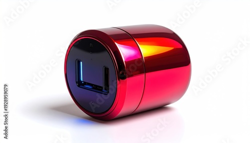 Metallic cylindrical device, shiny red exterior, black inset, subtle lighting on white background