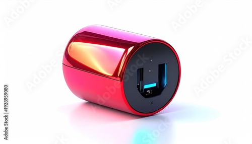 Shiny, red, cylindrical object with a recessed black face showing a glowing blue U-shape