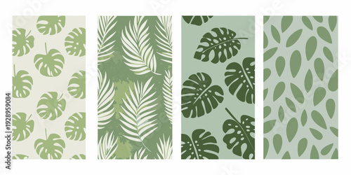 Four vertical panels displaying various tropical leaf patterns in green hues