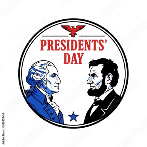 A vector graphic illustration of Presidents' Day featuring George Washington and Abraham Lincoln