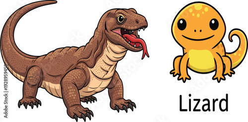 Realistic Monitor Lizard and Cute Cartoon Lizard Character Educational Animal Vector Illustration Set Isolated on White