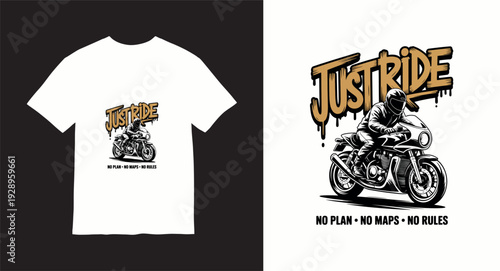 Just ride no plan no maps no rules, motorcyclist on sport bike, adventure freedom illustration