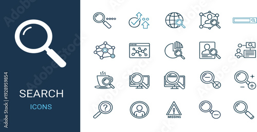 Search engine optimization icon set with magnifying glass symbols for data analysis web browsing research and digital marketing information