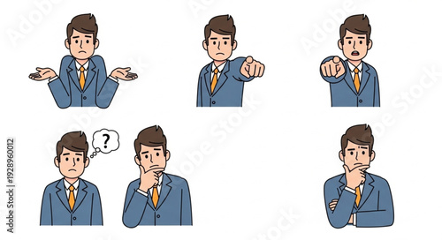 Business professional expressing various emotions and gestures in a series of illustrations.