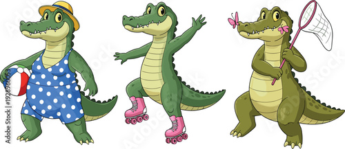 Set of cute cartoon crocodile characters featuring a funny alligator in a swimsuit with a beach ball, roller skating, and catching butterflies with a net for children's design.
