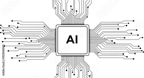 Artificial intelligence processor chip with circuit board lines, machine learning and digital brain technology concept, cad drawing flat vector illustration