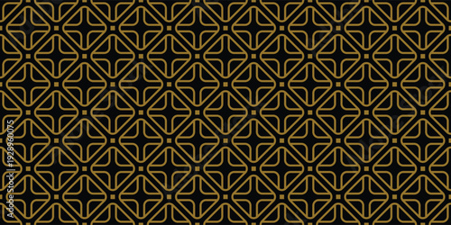 Elegant gold geometric seamless pattern on black. Perfect for luxury apparel, bandanas, gift wrap, packaging, notebook covers, and interior wallpaper. Trendy minimalist vector background.