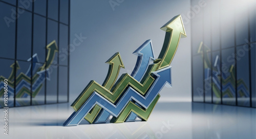 Financial growth arrows pointing upwards in a modern office setting.