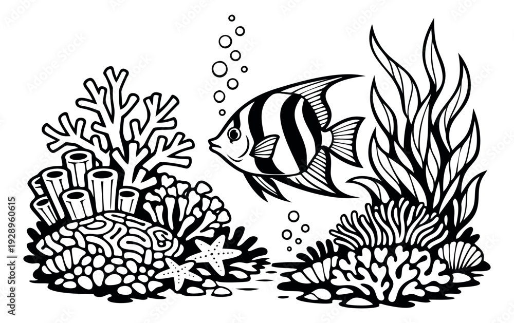 Obraz premium Hand drawn line art illustration of a tropical fish depicting an underwater coral reef scene for marine life education