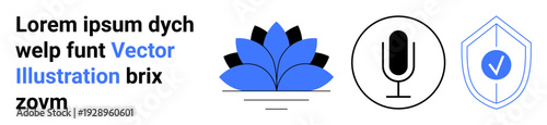 Identity verification, digital communication, creative design, security, audio recording, protection. A stylized flower, microphone and shield with a checkmark. Identity verification and security
