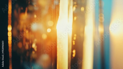 Golden sunlight glinting on a textured surface with vertical streaks, warm amber bokeh and soft lens flare creating a serene, dreamy abstract background with shimmer