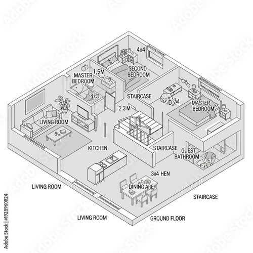 Detailed floor plan of a two-story house with labeled rooms and dimensions.