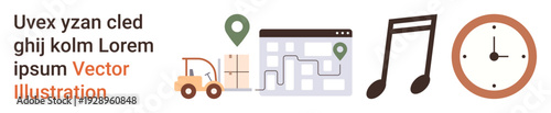 Logistics, navigation, time management, delivery services, transportation, digital mapping. Set features a forklift, map with location pin musical notes and clock. Logistics and navigation concept