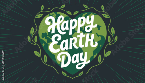 Vector illustration of earth day celebration with green heart and leafy accents