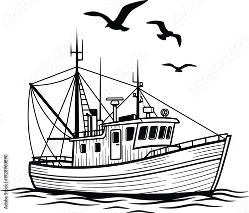 Fishing boat at sea with seagulls flying above, marine nautical vessel on water waves, cad drawing flat vector illustration, maritime industry