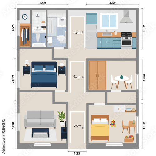 Modern two bedroom apartment floor plan with detailed room dimensions.