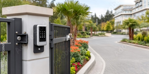 Gated community entrance with keypad access system
