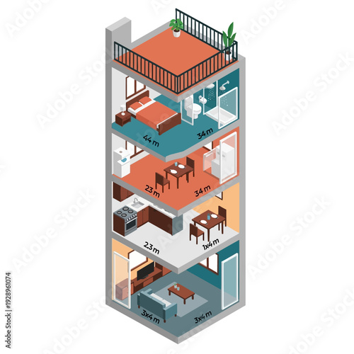 Isometric illustration of a modern multi-story residential building with detailed interior design.