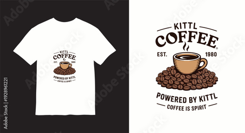 Coffee is spirit t-shirt design featuring steaming cup and pile of roasted beans
