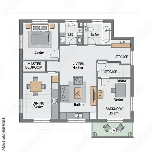 Detailed floor plan of a modern residential apartment with labeled rooms and dimensions.