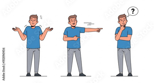 Man in various poses expressing confusion, pointing, and thinking with a question mark.