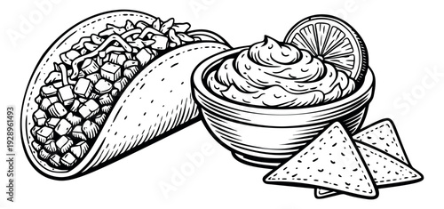 Hand drawn line art Mexican food set featuring a taco, creamy dip, tortilla chips, and a lime for restaurant menus