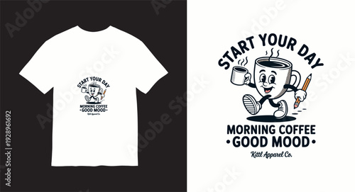 Animated coffee cup with smile running holding pencil start your day morning good mood