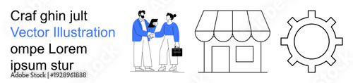 Business, entrepreneurship, teamwork, local commerce, retail services, operational processes. Two people shaking hands, a storefront and a gear icon. Business and entrepreneurship concept