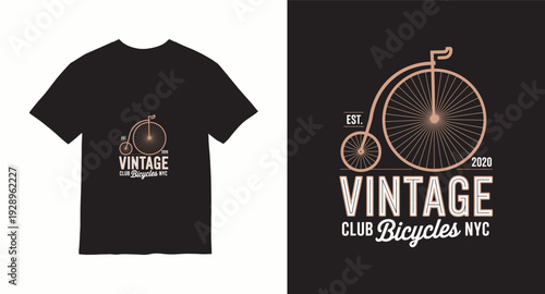 Vintage bicycles nyc logo featuring penny farthing illustration for retro cycling enthusiasts on black tshirt