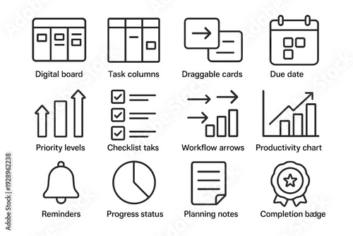 Digital Task Planning Icons. Digital task planning. Line outline icon set of Digital task planning: digital