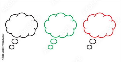 Think bubble vector collection with fluffy cloud shapes and circular thought trails on white space