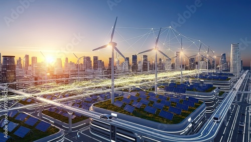 Sustainable urban development concept with renewable energy powering futuristic city design