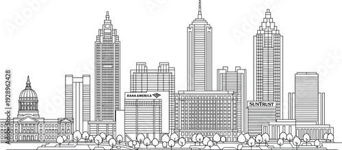 Atlanta city skyline line art vector illustration, detailed downtown architecture with skyscrapers and Georgia State Capitol isolated background
