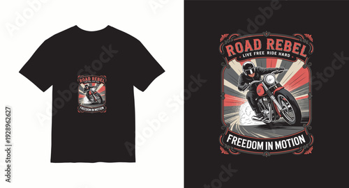 Road rebel live free ride hard t-shirt design with biker in motion and freedom concept