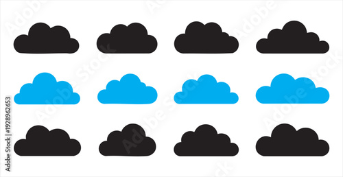 Black cloud silhouette collection featuring diverse solid shapes for weather mapping and ui elements