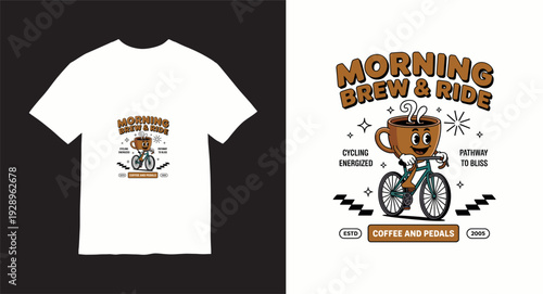 Morning brew and ride t-shirt design with cycling energized coffee and pedals concept