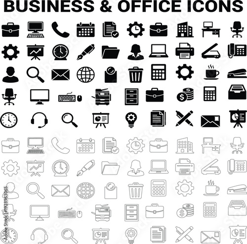 Business and finance icon set for web and mobile design with vector symbols for communication money office and media