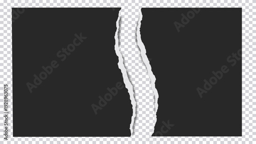 Black paper with vertical rip and white torn edges. Modern cutout reveal vector  background