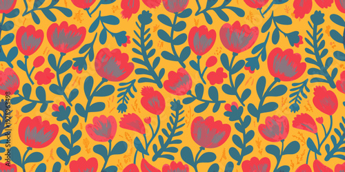 A vibrant floral pattern featuring stylized red and teal blossoms