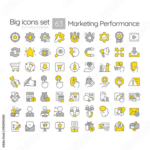 Marketing performance line color icons set. Advertising campaign, budget control. Customer experience. Vector illustrations. Simple flat colorful symbols collection. Editable stroke