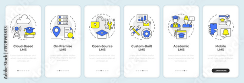 Six main types of lms onboarding mobile app screen. Online education. Walkthrough 5 steps editable graphic instructions with linear concepts. UI, UX, GUI. Montserrat SemiBold, Regular fonts used