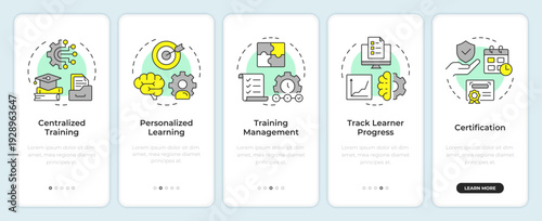Five key components of lms onboarding mobile app screen. Walkthrough 5 steps editable graphic instructions with linear concepts. UI, UX, GUI. Montserrat SemiBold, Regular fonts used