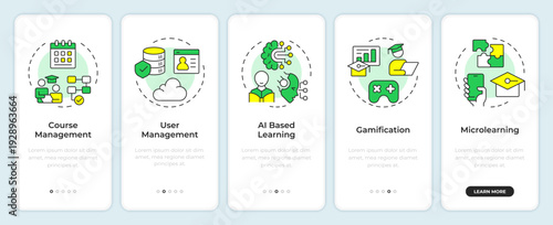 Key components of modern learning onboarding mobile app screen. Walkthrough 5 steps editable graphic instructions with linear concepts. UI, UX, GUI. Montserrat SemiBold, Regular fonts used