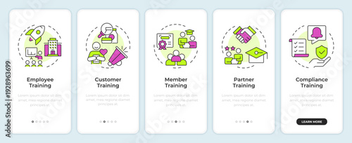 Five types of professional training onboarding mobile app screen. Walkthrough 5 steps editable graphic instructions with linear concepts. UI, UX, GUI. Montserrat SemiBold, Regular fonts used