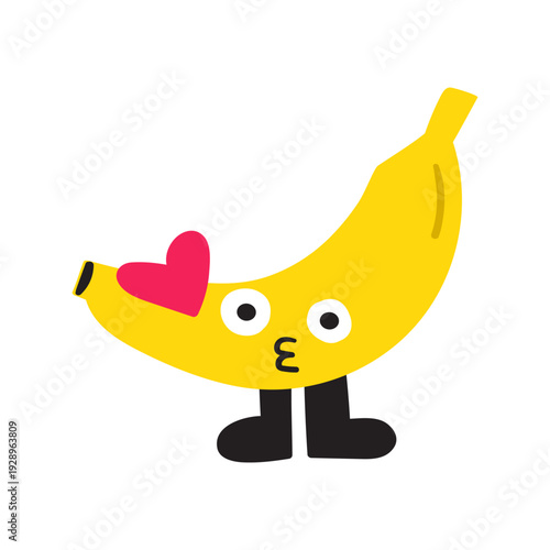 Cute Banana Character Blowing a Kiss. Hand Drawn Vector Illustration On White Background.