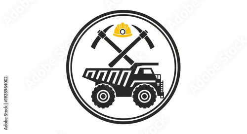 Mining industry logo depicting a truck, pickaxes, and a hard hat.