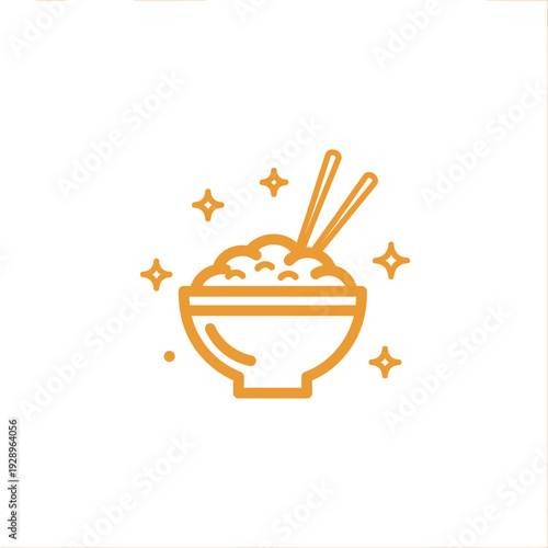 Minimalist Line Art of Rice Bowl with Chopsticks and Sparkles